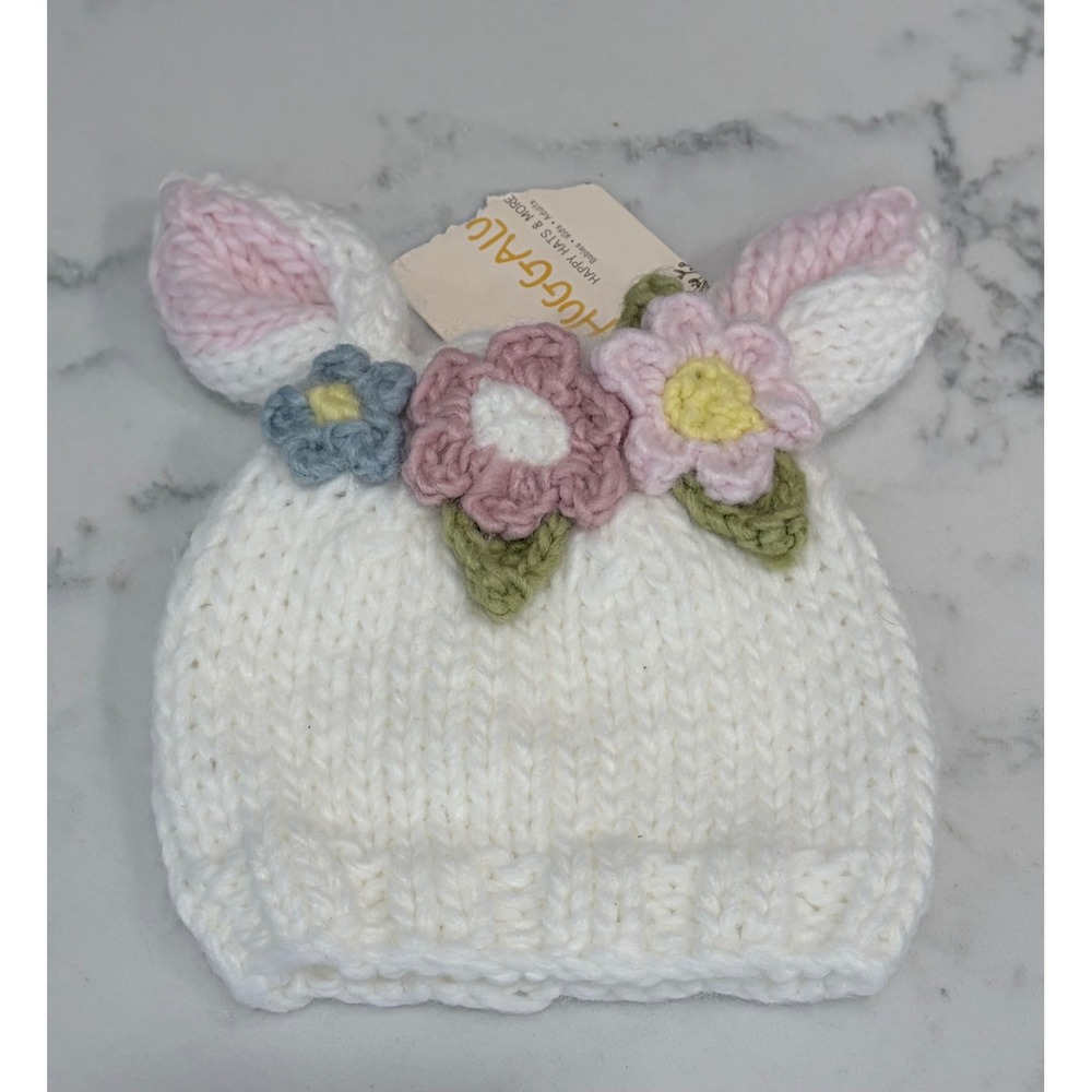 Huggalugs Flower Bunny Beanie White Multi Knit Hat Newborn XS 1186XS